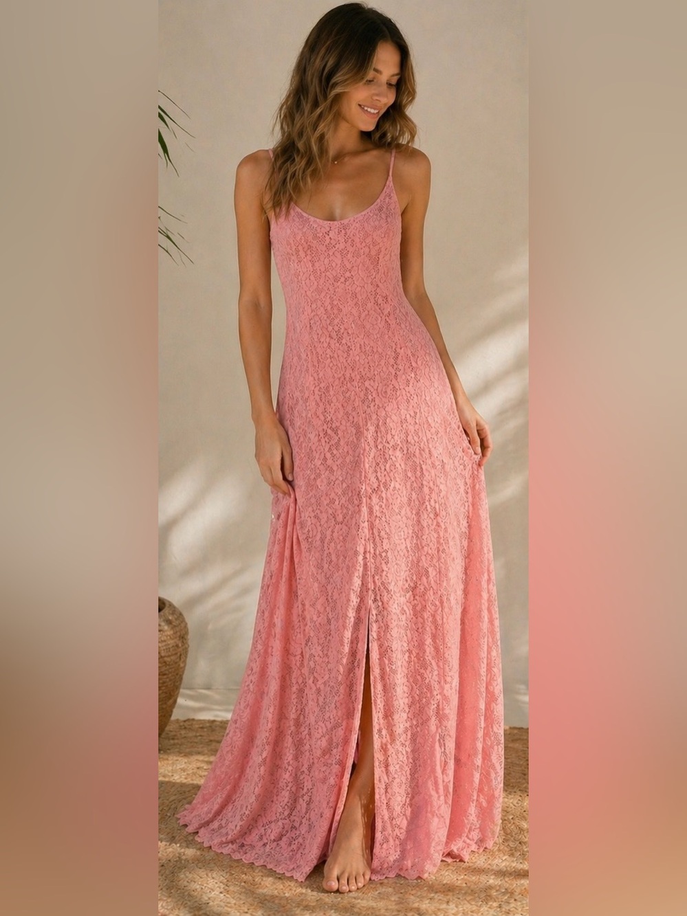 Baby Pink Womens XL High Neck Cross Low Back Lace Dress with Slit and Silk Slip